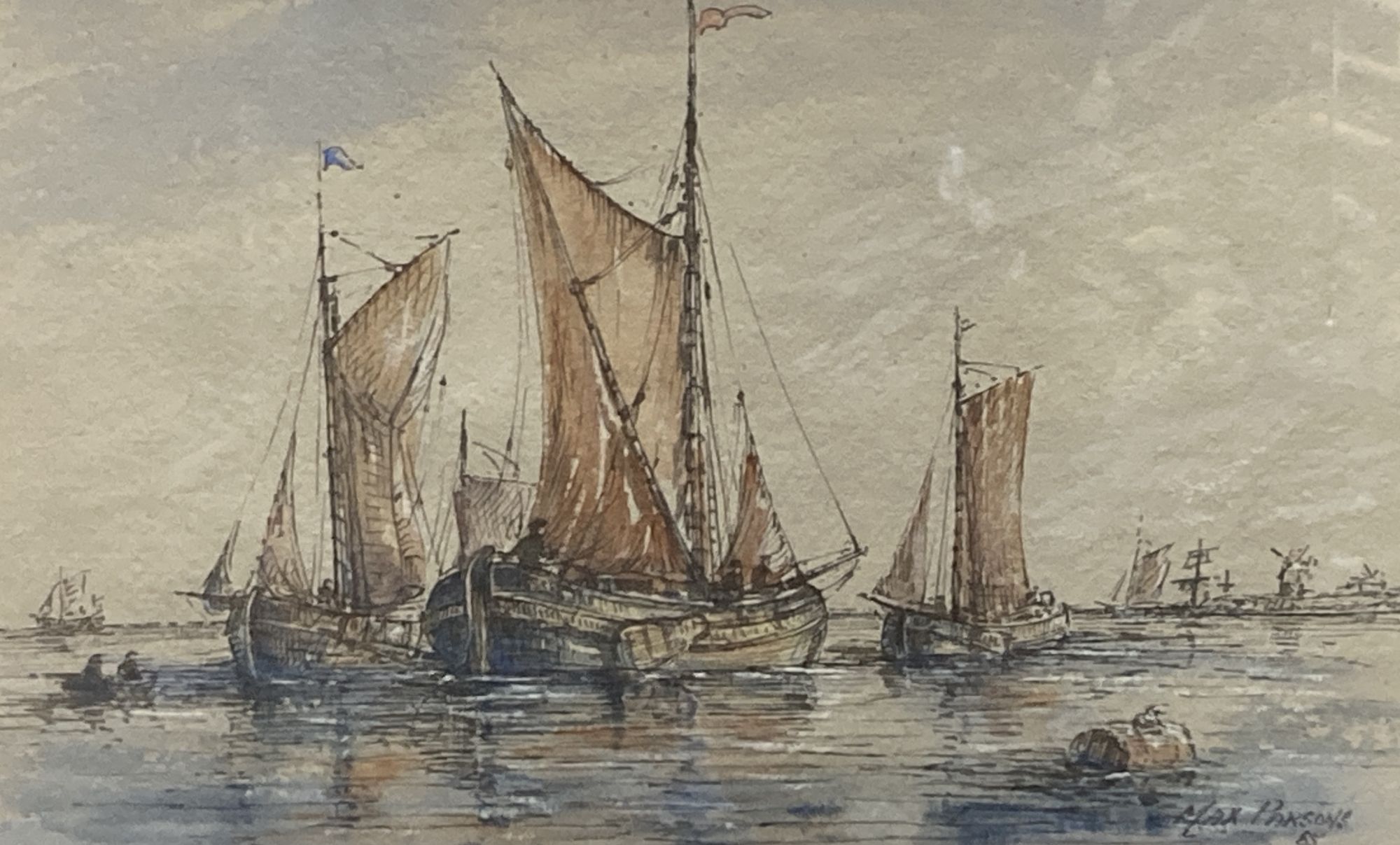 Max Parsons, watercolour, Dutch Barges, signed and dated 85, 19 x 31cm